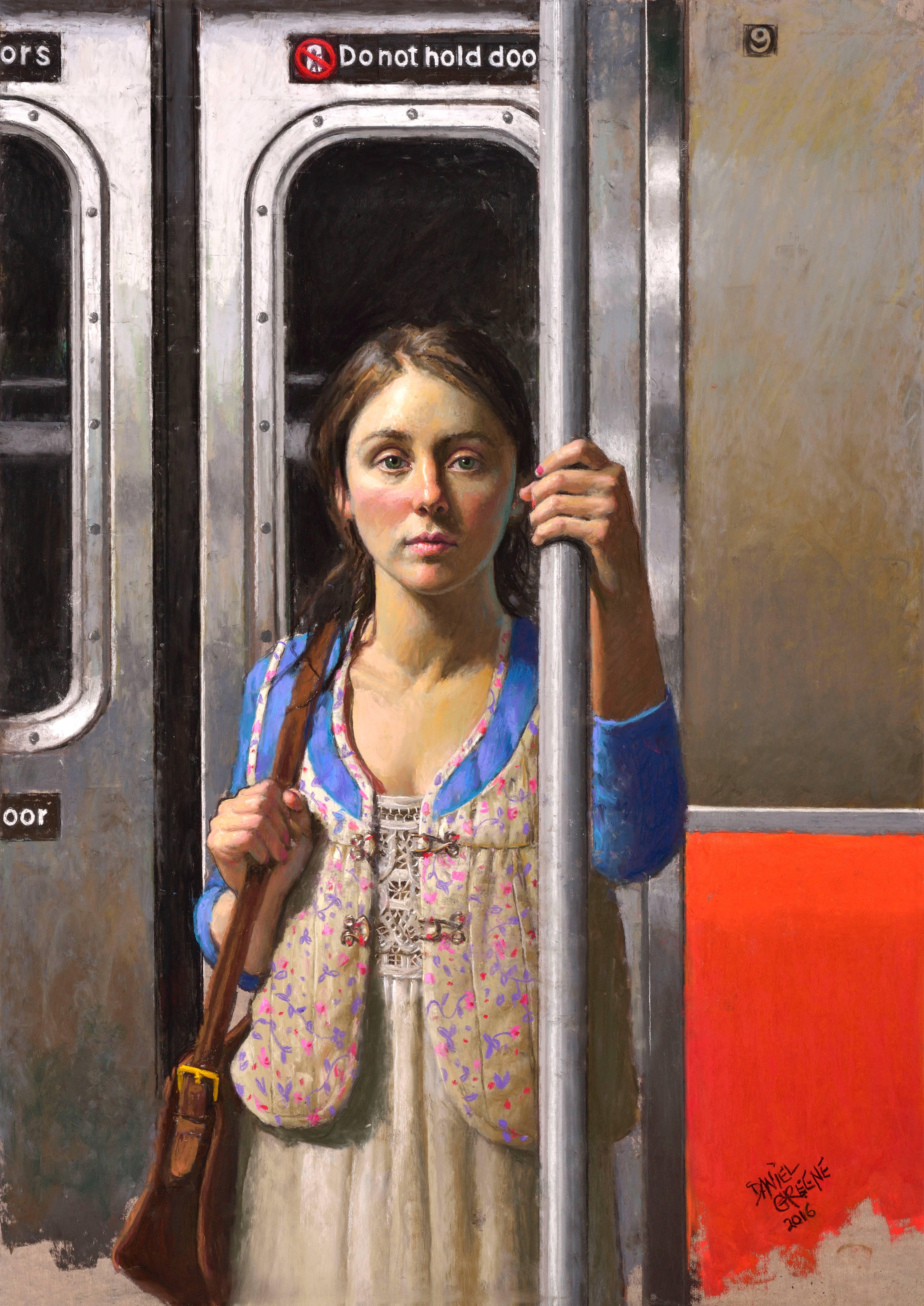 Daniel Greene Figurative Painting - SOPHIE IN TRANSIT, photo-realism, portrait, nyc subway, woman on train, blue