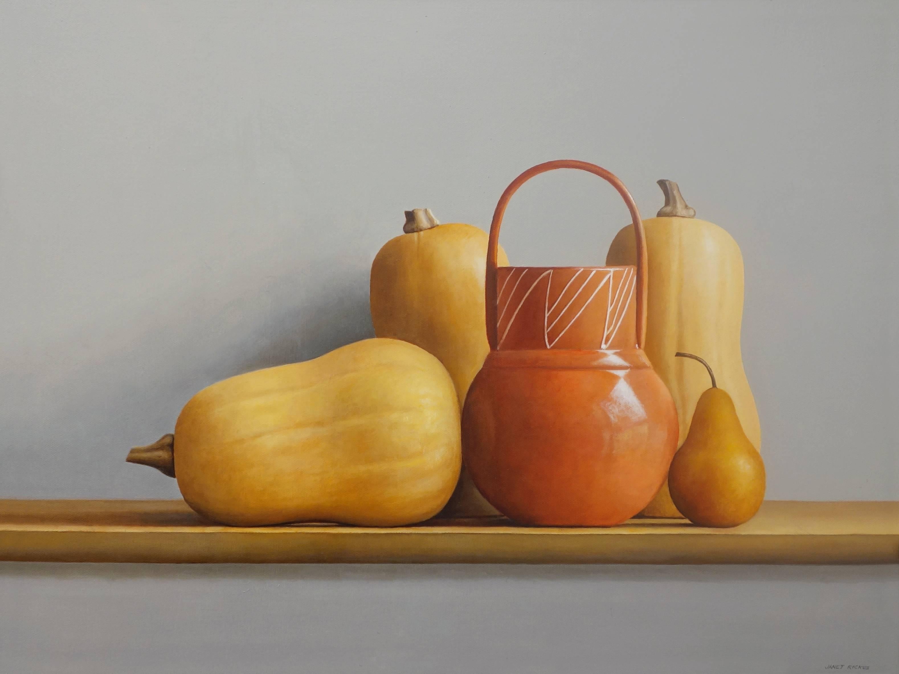 Janet Rickus Still-Life Painting - MADE IN MEXICO, yellow, orange, clay pot, vegetables, still-life