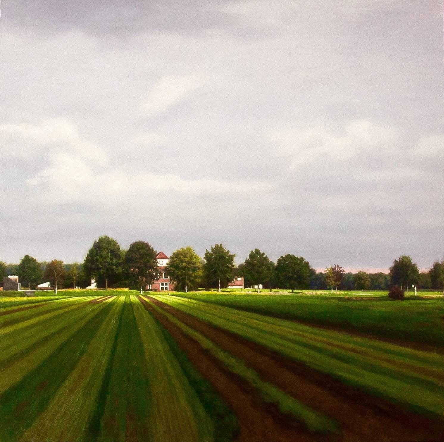 Gary Godbee Landscape Painting - DUTCH STRIPES, hyper-realistic landscape, bright green, open field, cloudy skies
