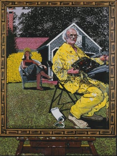THE ARTIST AND HIS DAUGHTER, portrait of people in front yard, yellow, green 