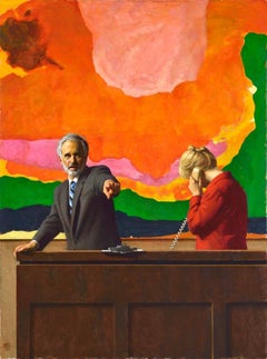 FRANKENTHALER'S FLOOD, portrait of man in court room, hyper-realist, vivid