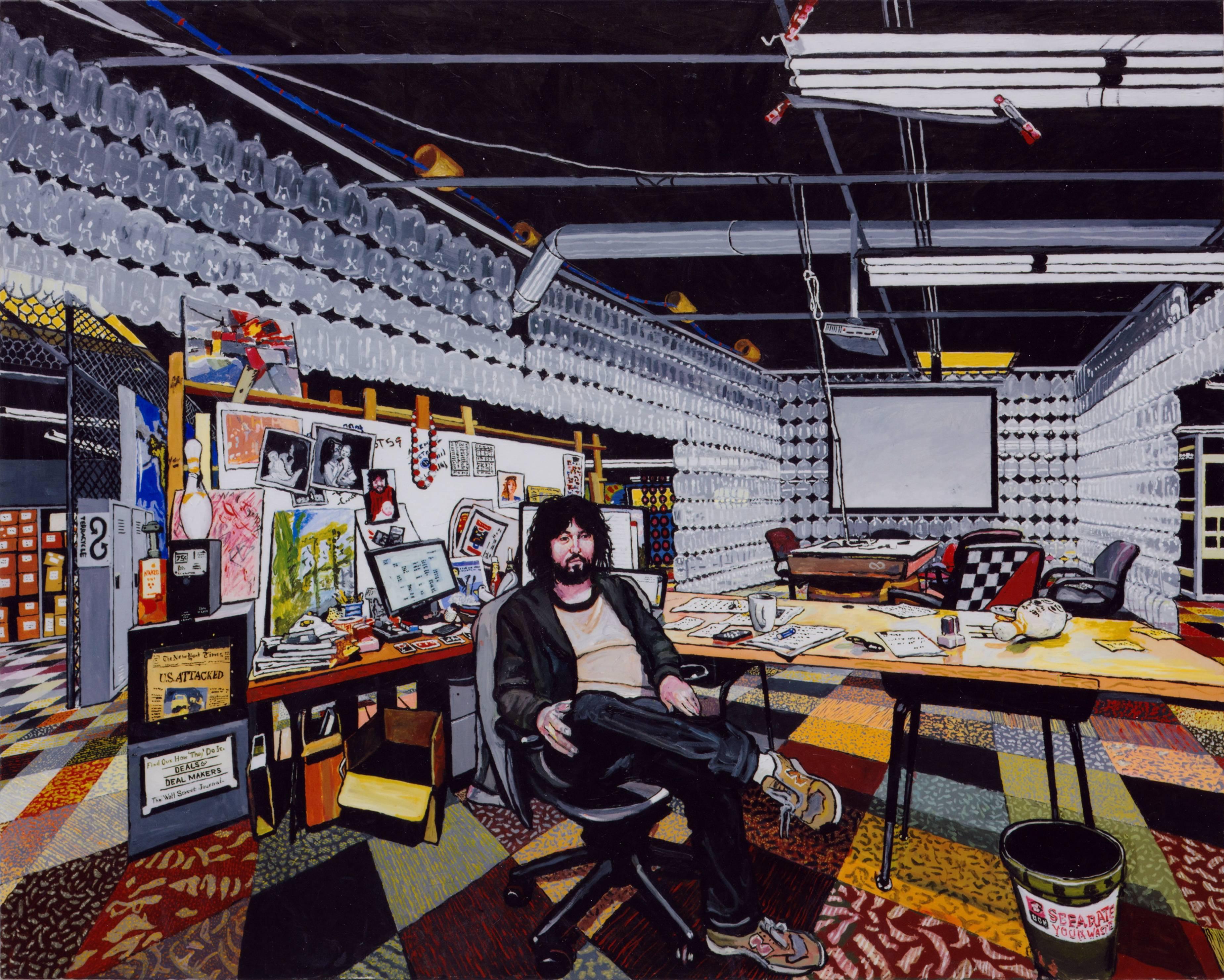 Mel Leipzig Portrait Painting - THE FOUNDER OF TERRACYCLE, portrait of man sitting in his office, multi-colored