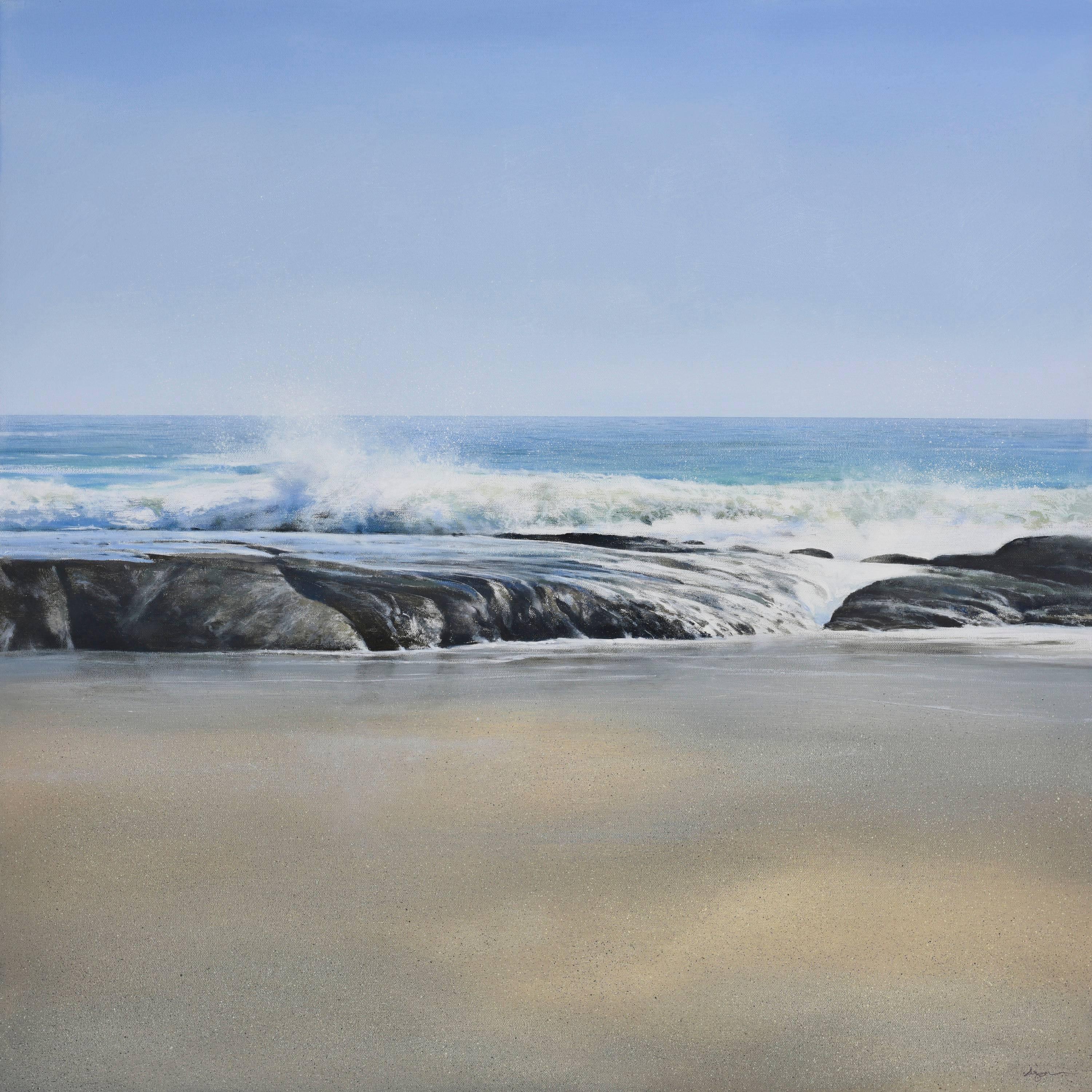 Todd Kenyon Landscape Painting - HANA SURF, photo-realistic waterscape, wave hitting the beach, blue, white, sand