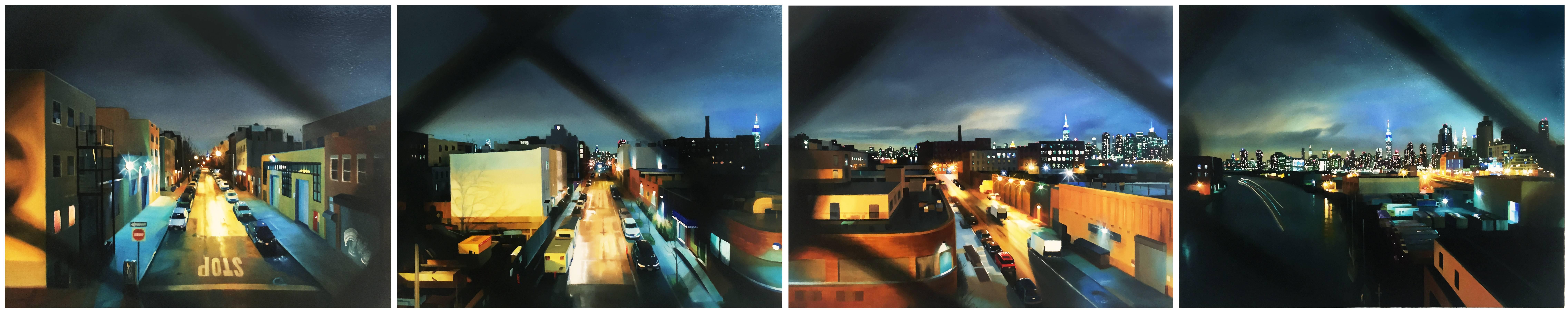 PULASKI CROSSING (8 PANELS) - New York City Skyline / Contemporary Realism  - Painting by Alexandra Pacula