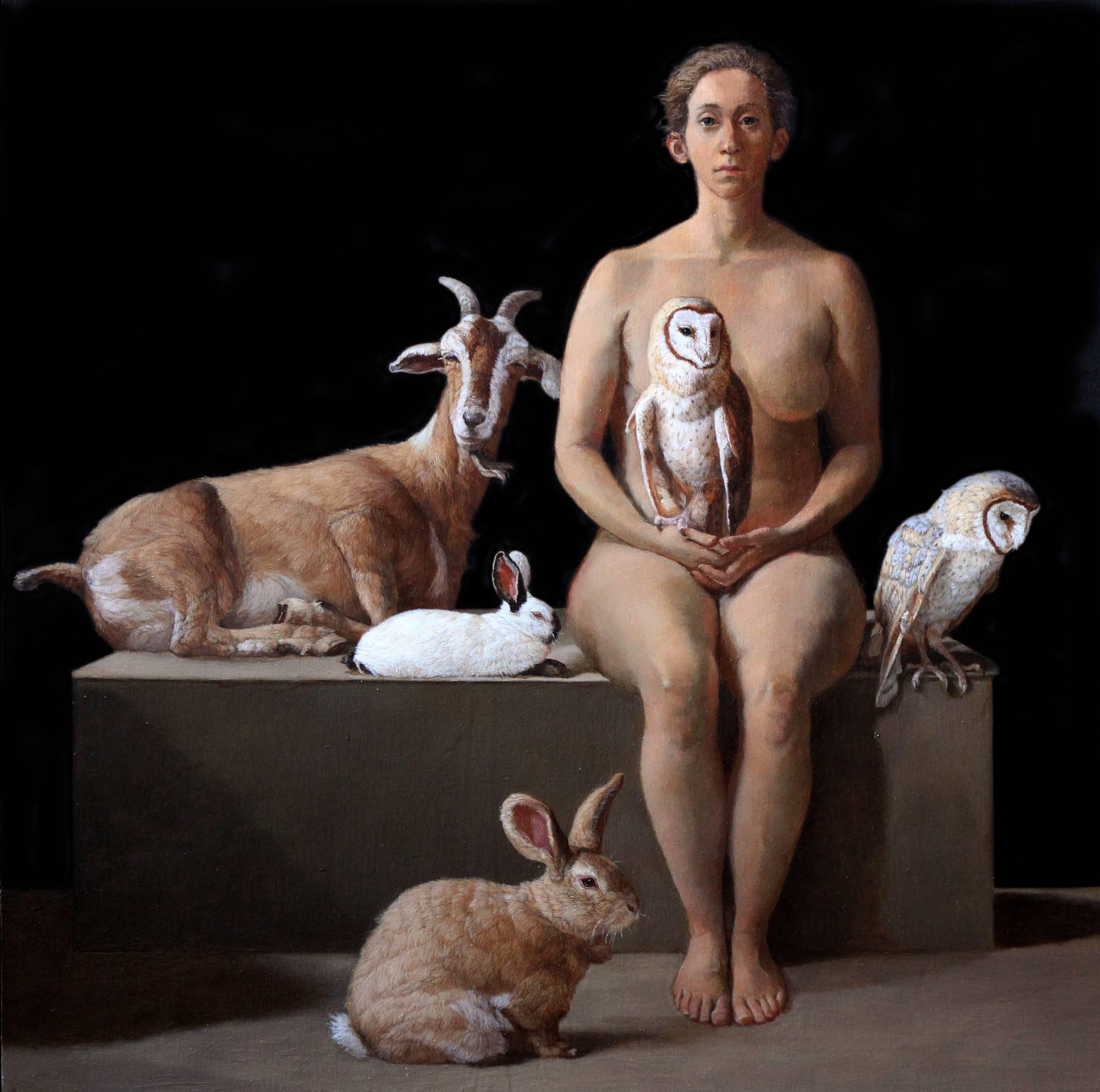 RESCUER WITH OWLS, RABBITS, AND A FERAL GOAT, hyper-realistic, still-life