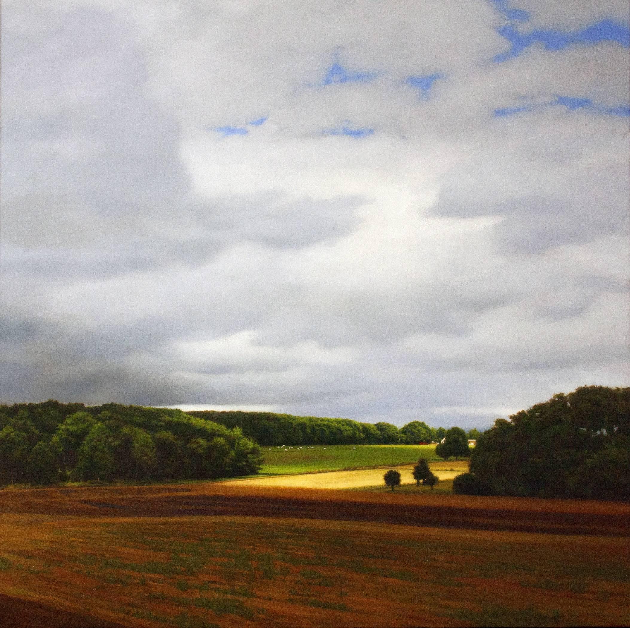 Gary Godbee Landscape Painting - FLEMISH FIELDS, landscape, farms, cloudy sky, hyper-realism, country 
