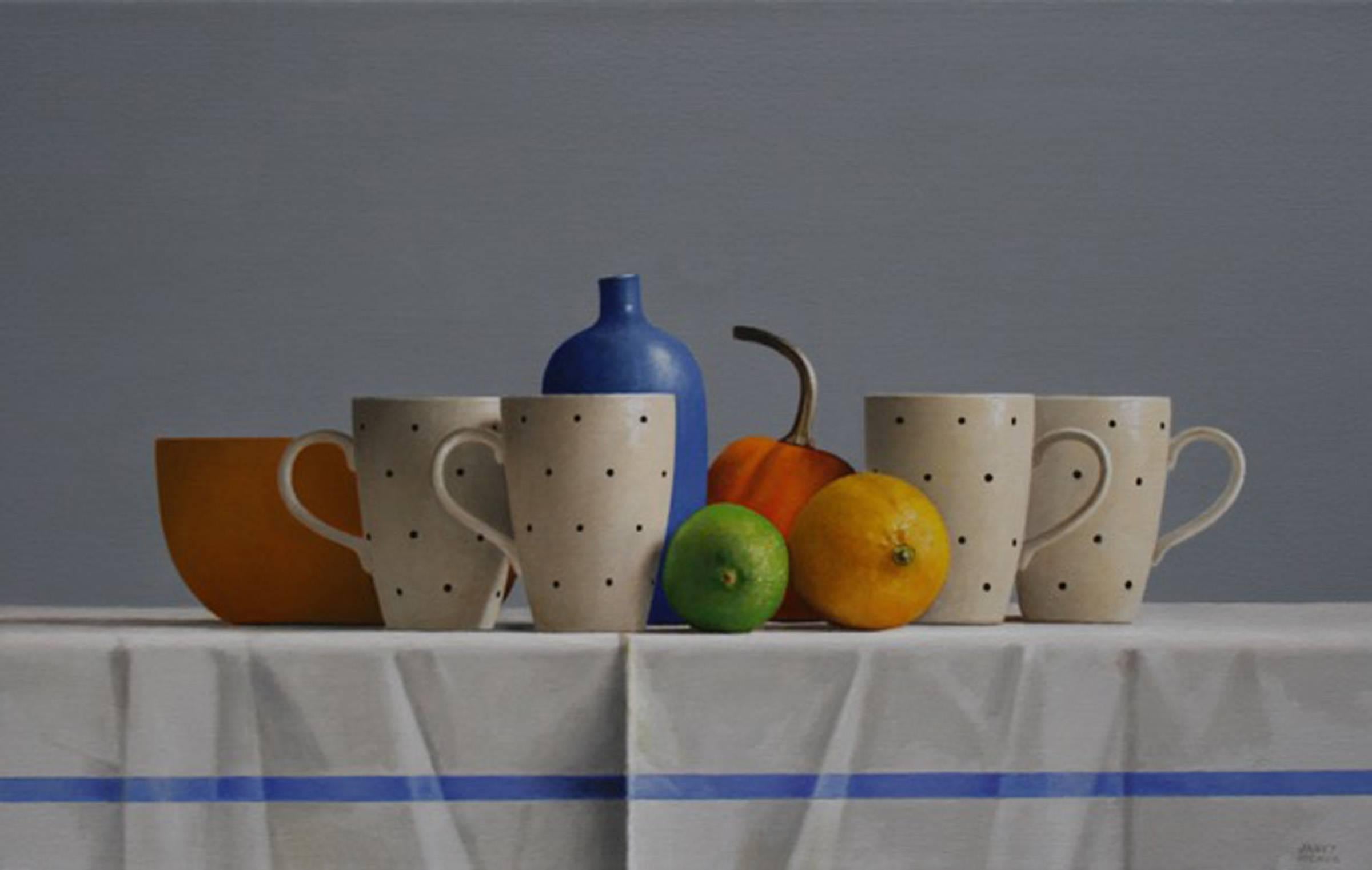 Janet Rickus Still-Life Painting - FOUR POLKA DOT CUPS, FRUIT, CUPS ON TABLE, BLUE, YELLOW, WHITE, PORCELAIN 