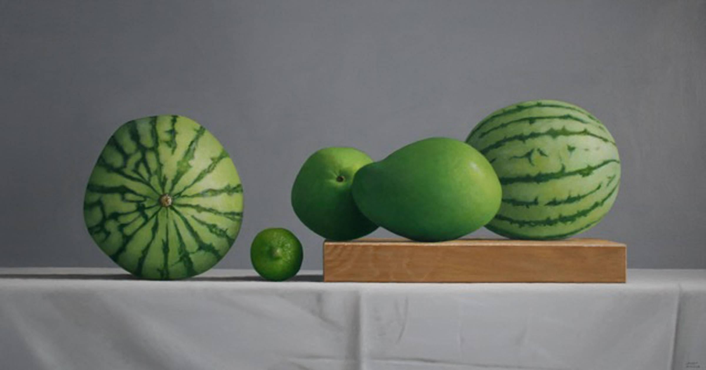 Janet Rickus Still-Life Painting - Melons, Mango, and a Lime