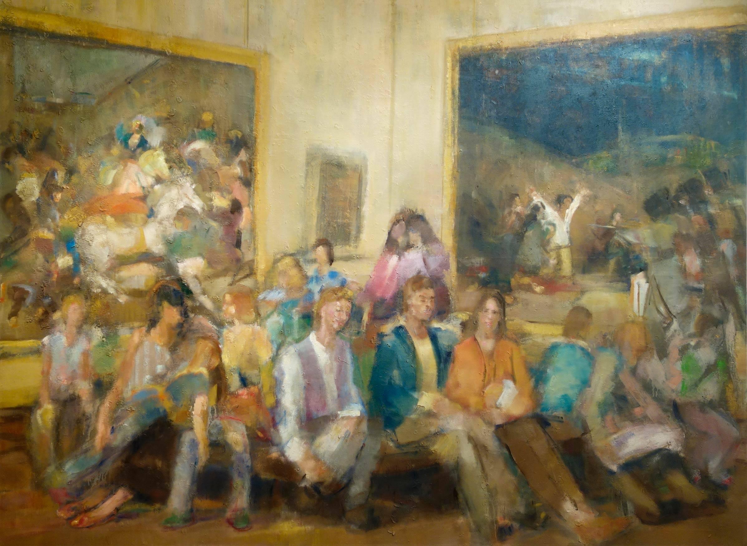 2ND AND 3RD OF MAY, figurative portrait, people seated in museum, muted colors