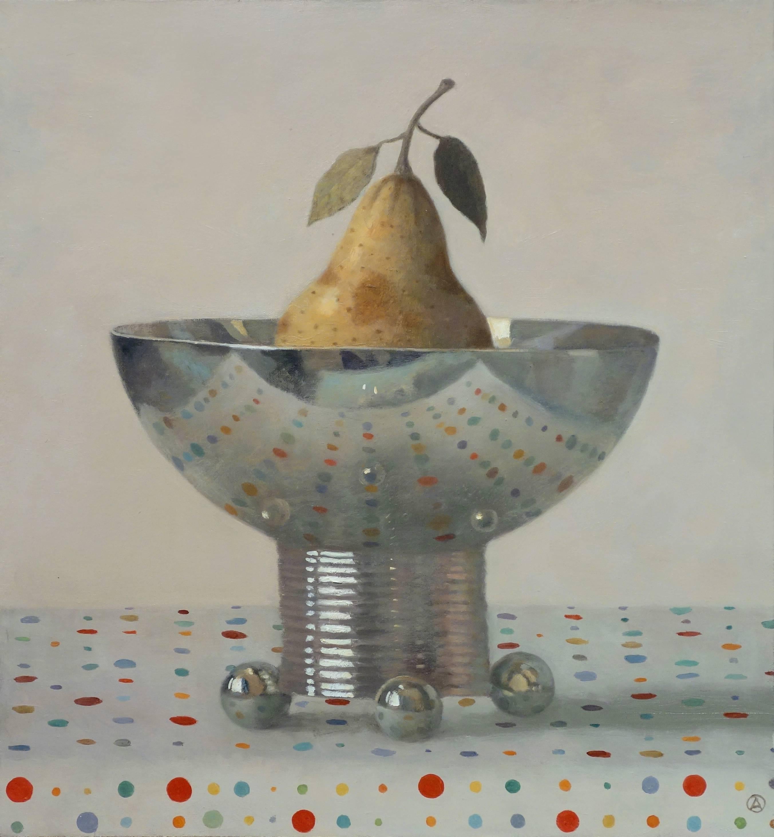 Olga Antonova Still-Life Painting - Pear in Silver Bowl