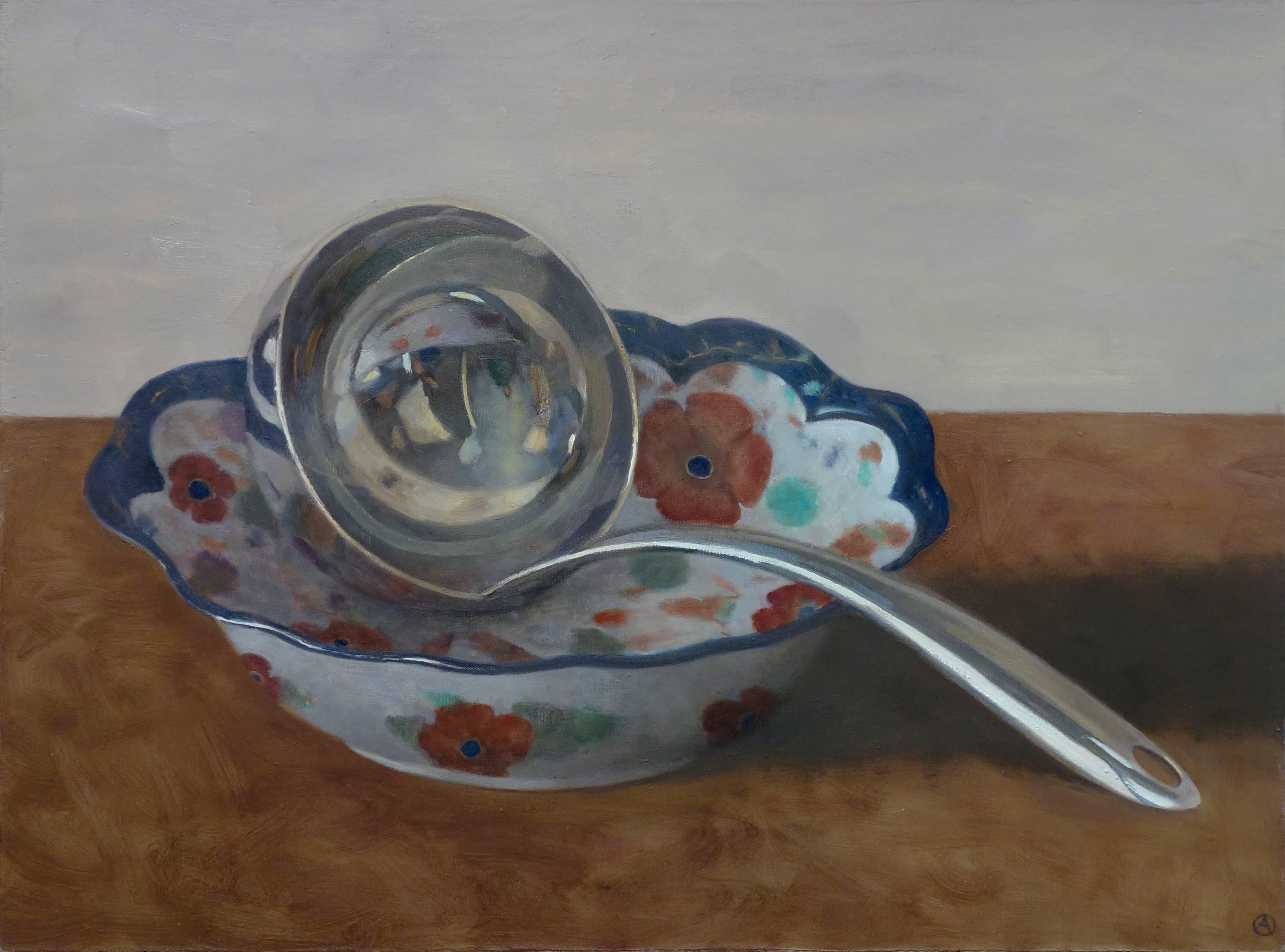 Olga Antonova Still-Life Painting - LADLE IN FLORAL BOWL, brown table, bowl with floral design, still life