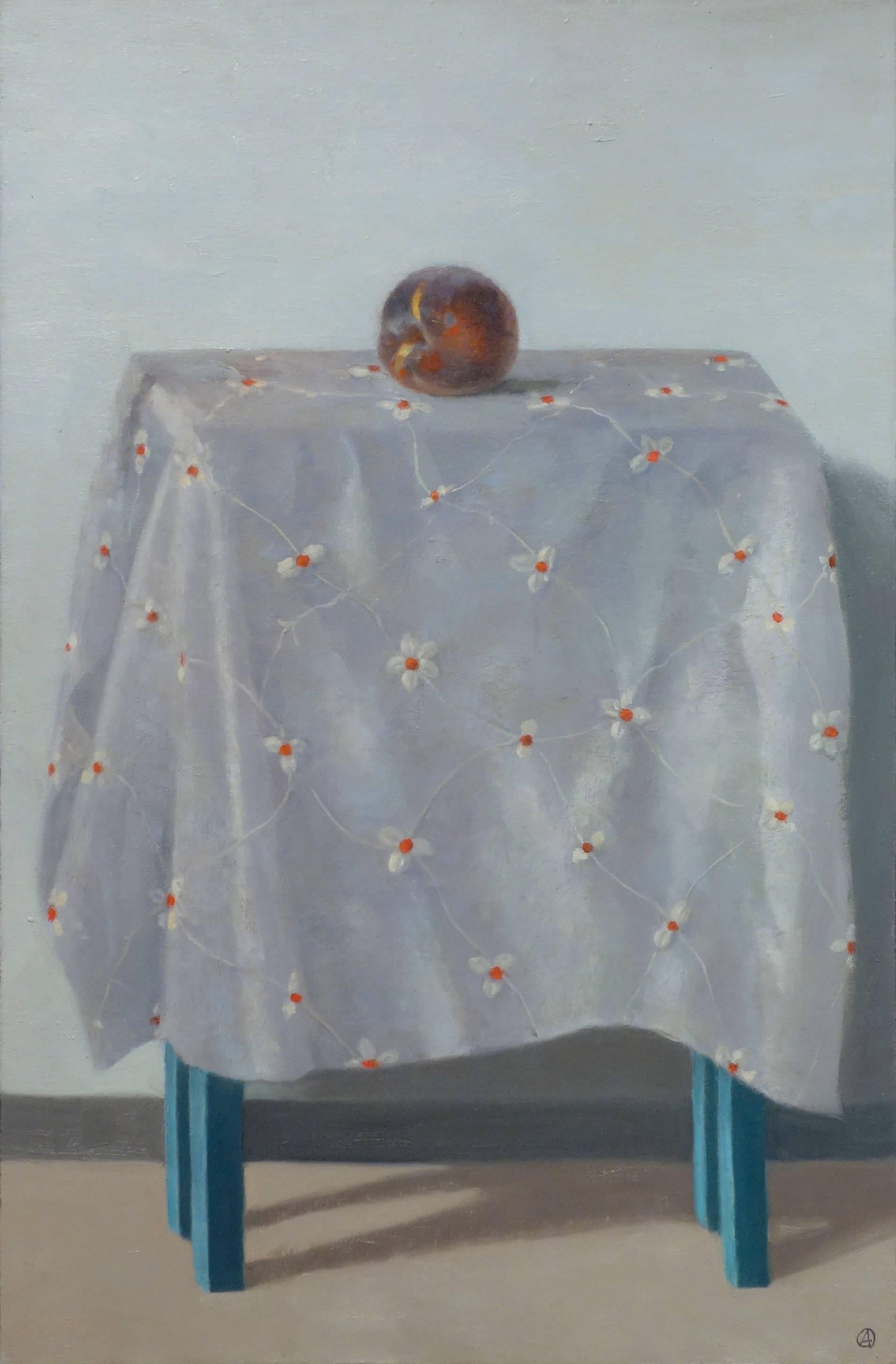 Olga Antonova Still-Life Painting - PEACH ON TABLE, figurative still life, peach, table with blue legs, flower cloth