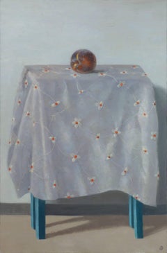 PEACH ON TABLE, figurative still life, peach, table with blue legs, flower cloth