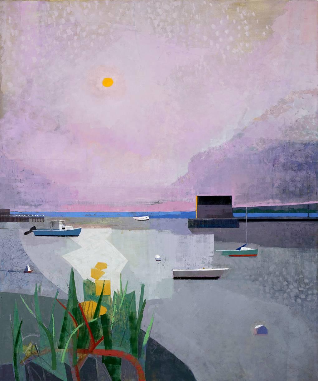 John Evans Landscape Painting - FINALLY, figurative landscape, boats on water, pink sky, blue, grey, green
