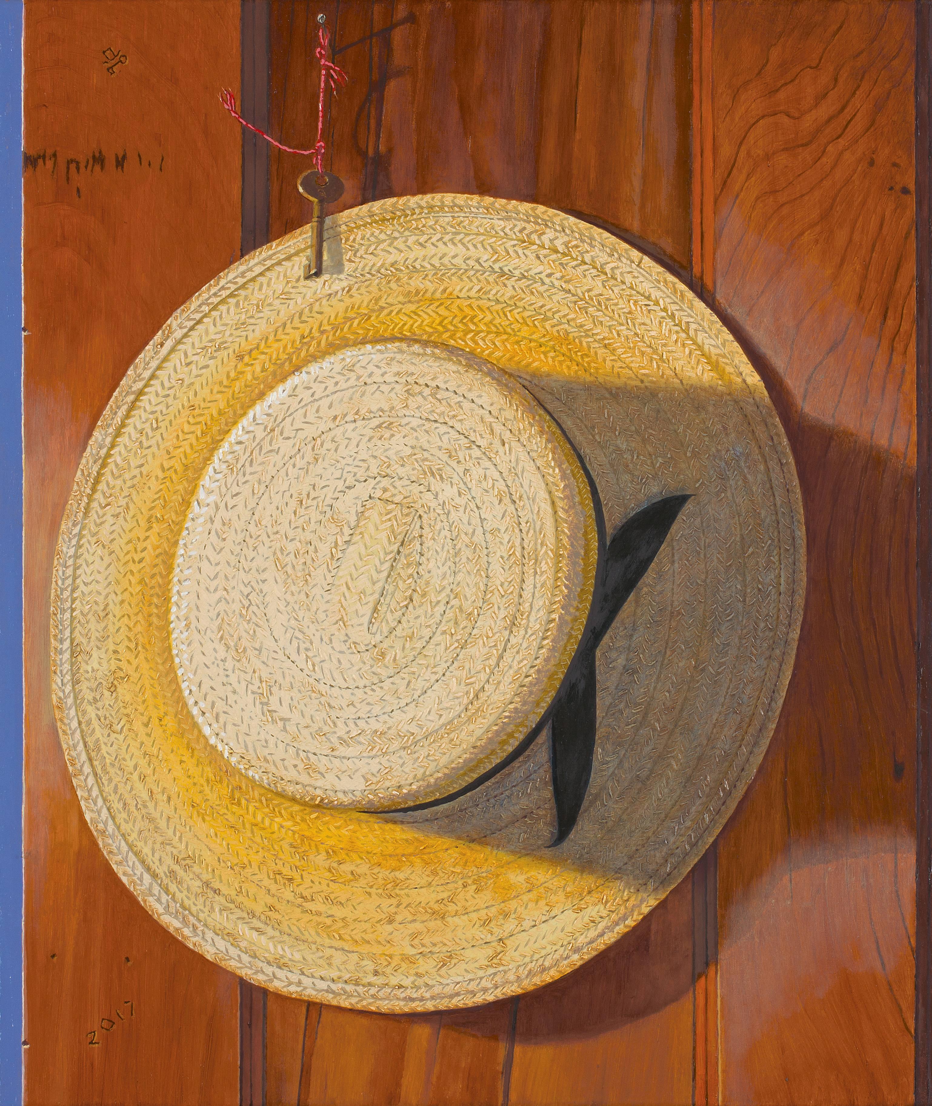 Walter Hatke Still-Life Painting - THE BROTHER'S, straw hat hanging on wooden wall, photo-realism, brown, yellow