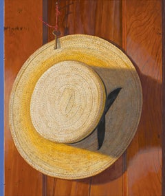 THE BROTHER'S, straw hat hanging on wooden wall, photo-realism, brown, yellow