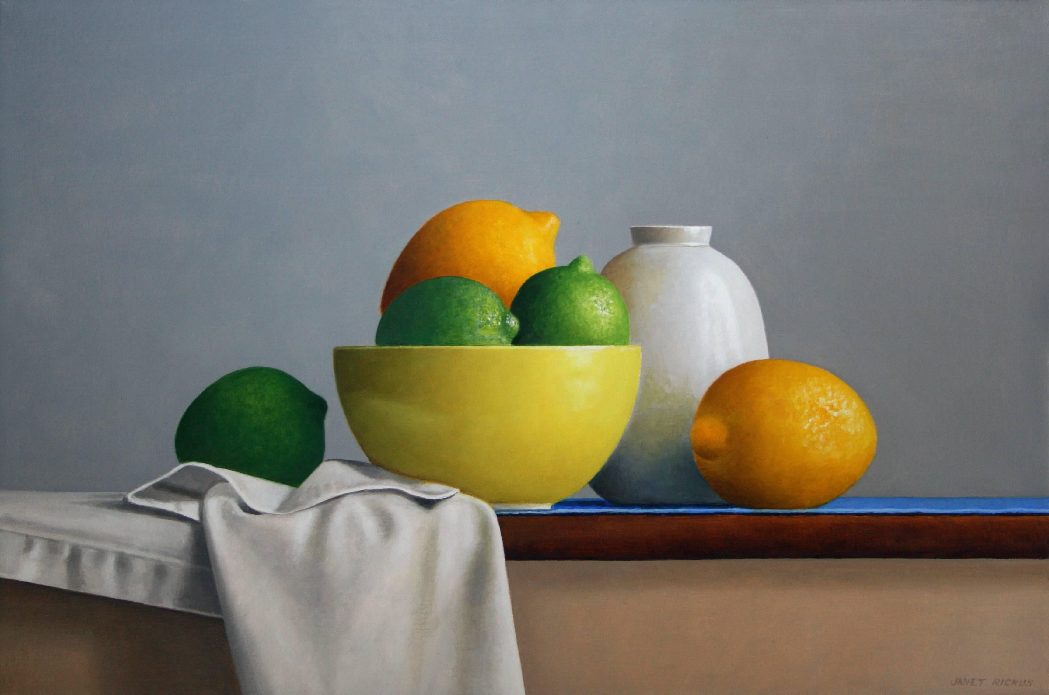 Janet Rickus Still-Life Painting - Lemons, Limes and Pottery