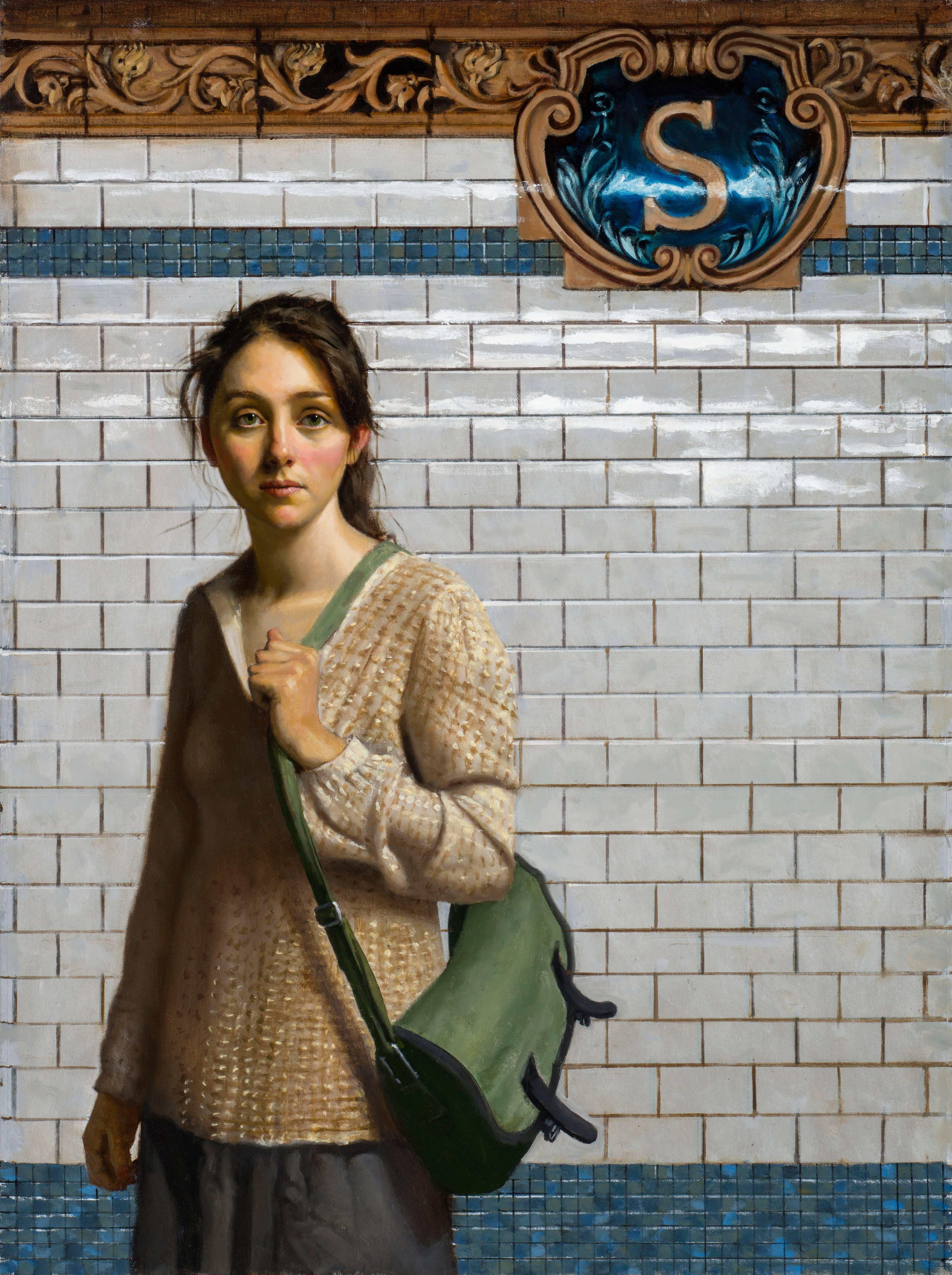 Daniel Greene Interior Painting - SOPHIE- SPRING ST., portrait of girl, subway station, new york city, hyper-real