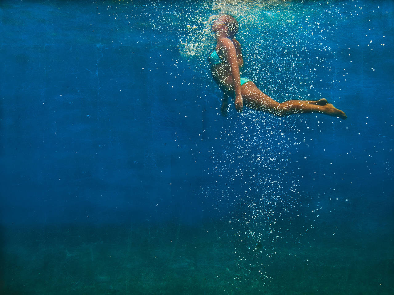 Eric Zener Figurative Painting - ANGEL, mint colored bikini, murky water, blue and green, women underwater