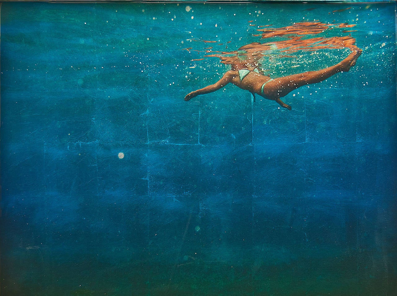 AWE, women with body underwater, shades of blue, shades of green, bright bikini - Mixed Media Art by Eric Zener