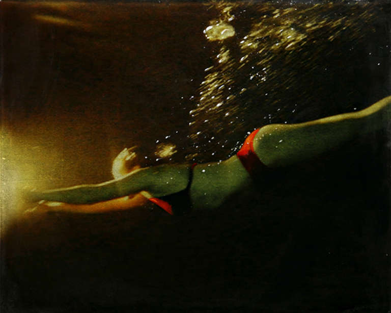 Eric Zener Figurative Painting - INTO THE LIGHT, hyper-realist, women diving underwater, water at night, red 