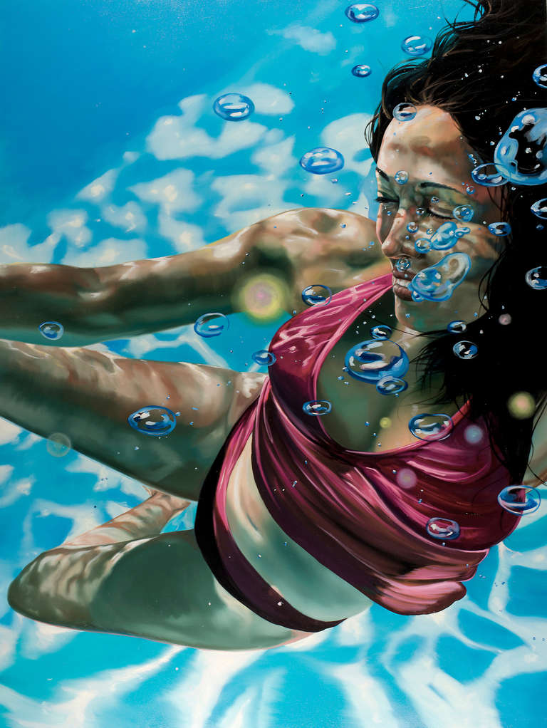 Eric Zener - UNBOUND, women underwater, red bikini, blue water, bubbles,  light in water For Sale at 1stDibs