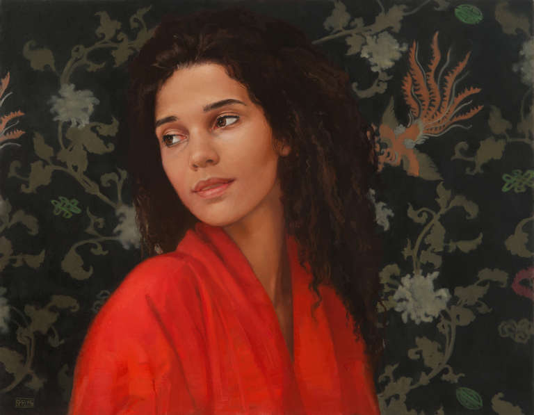 Sharon Sprung Portrait Painting - Z WITH DRAGON, hyper-realism, black hair, red robe, floral background, portrait