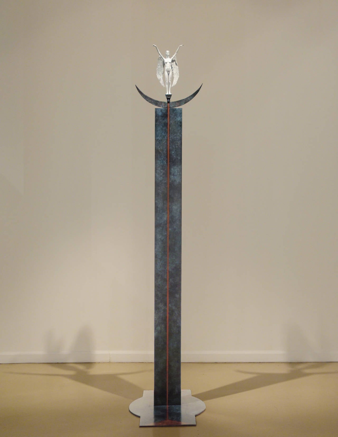 Don Gale Figurative Sculpture - WINGED VICTORY (CRESCENT MOON), white idol on metal stand, sculpture with wings 