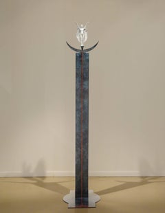 WINGED VICTORY (CRESCENT MOON), white idol on metal stand, sculpture with wings 