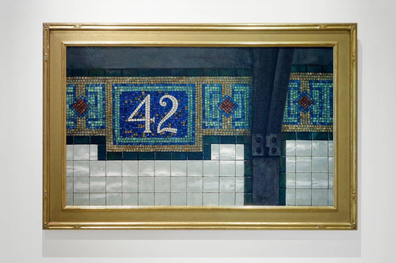 42ND ST., hyper-realism, new york city subway sign, mosaic, blue, white letters - Painting by Daniel Greene