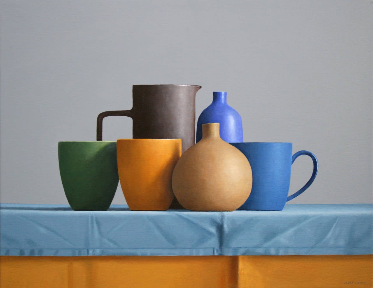 Janet Rickus Still-Life Painting - Six Pieces of Pottery