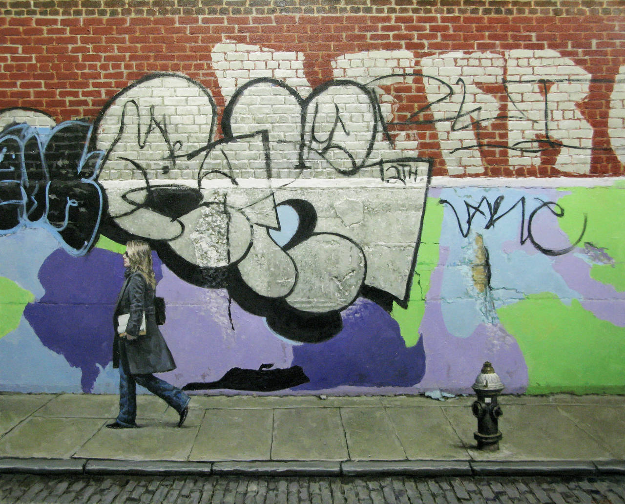 Richard Combes Landscape Painting - NEW YORK GRAFFITI, women on street, grafitti background, new york city streets