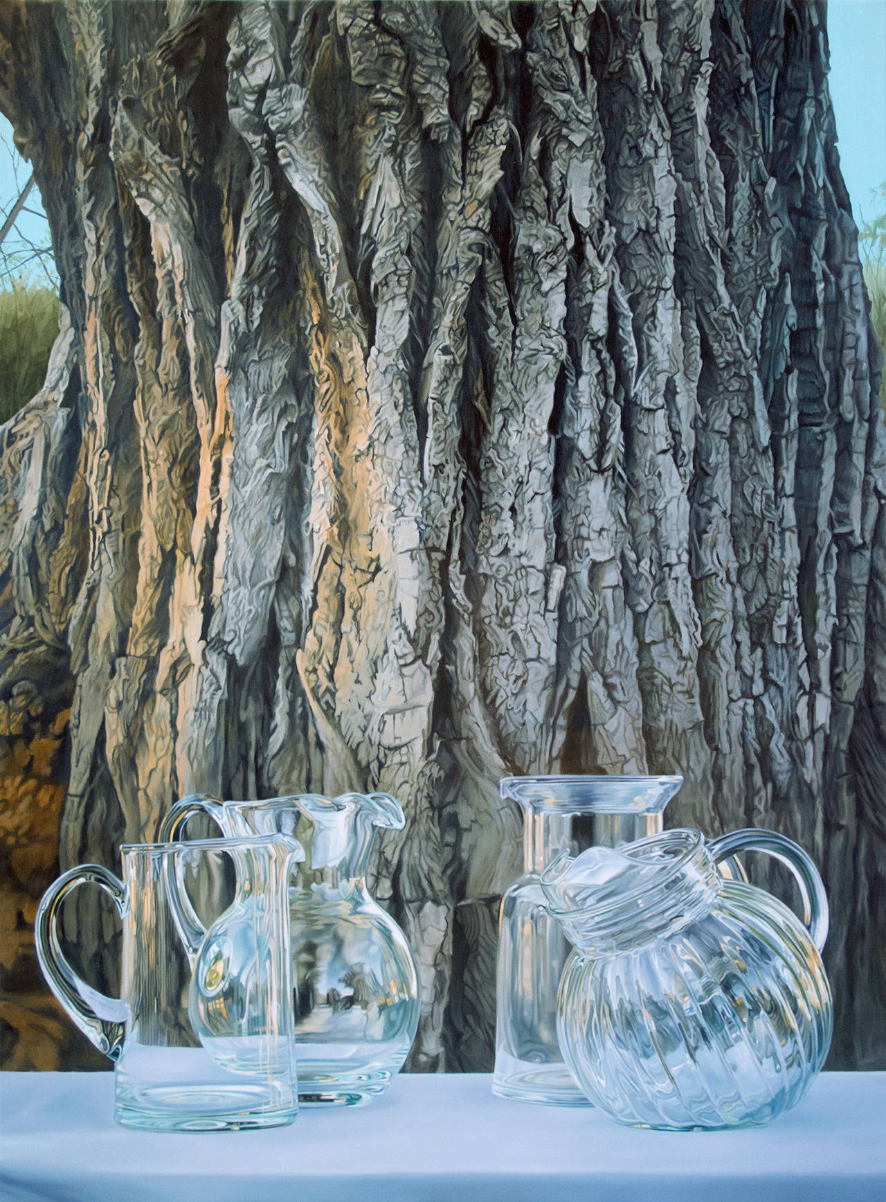 Steve Smulka Still-Life Painting - THE LAST TREE, glass on white-clothed table, photo-realism, bark, tree