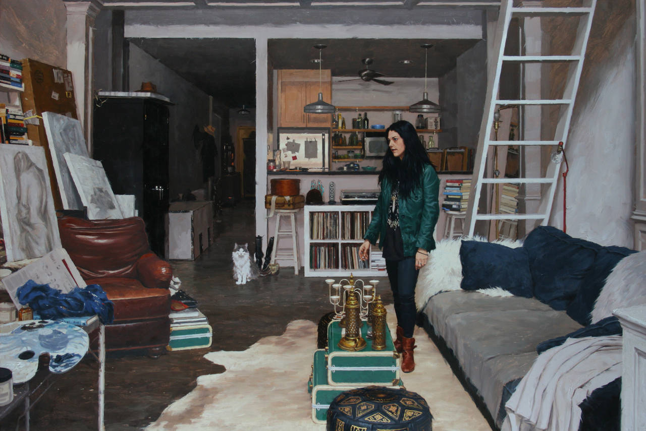 Vincent Giarrano Figurative Painting - JENNIFER IN HER STUDIO, woman standing, furnished room, hyper-realist, detailed