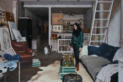 JENNIFER IN HER STUDIO, woman standing, furnished room, hyper-realist, detailed