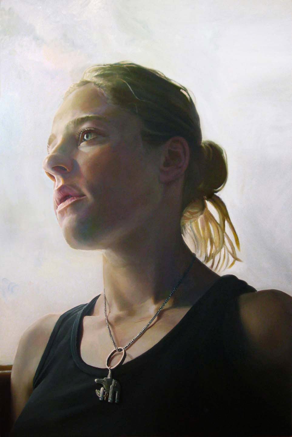 Stephen Wright Portrait Painting - KAREN JEAN 2, portrait, necklace, woman in black, face, photo-realism