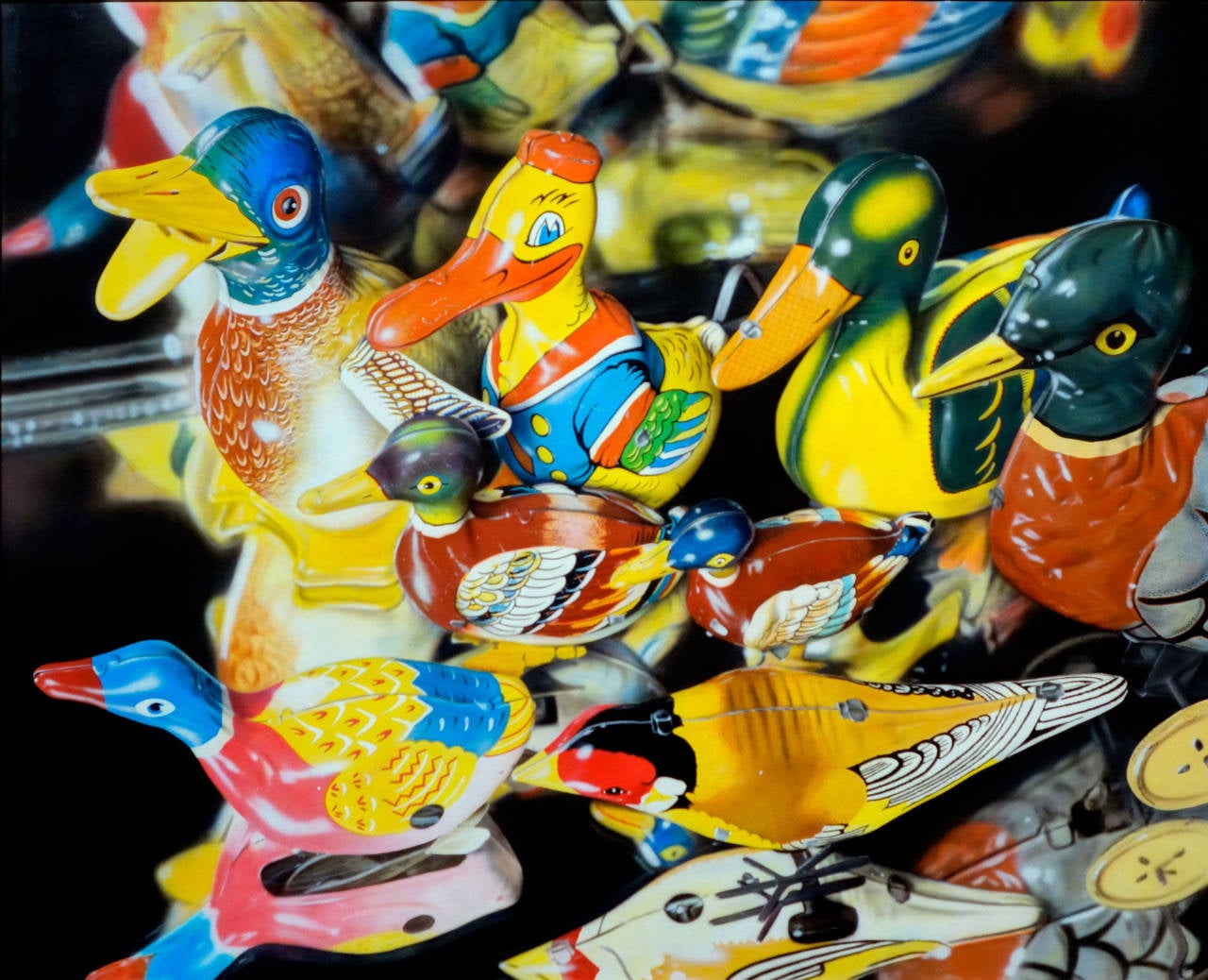 Cesar J. Santander Still-Life Painting - EIGHT TIN BIRDS, toy ducks, multi-colored, yellow, hyper-realism, bright, vivid