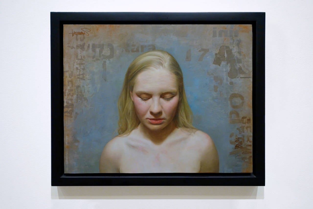 AUDREY, nude portrait, blond hair, rosey cheeks, blue, brown - Painting by David Kassan