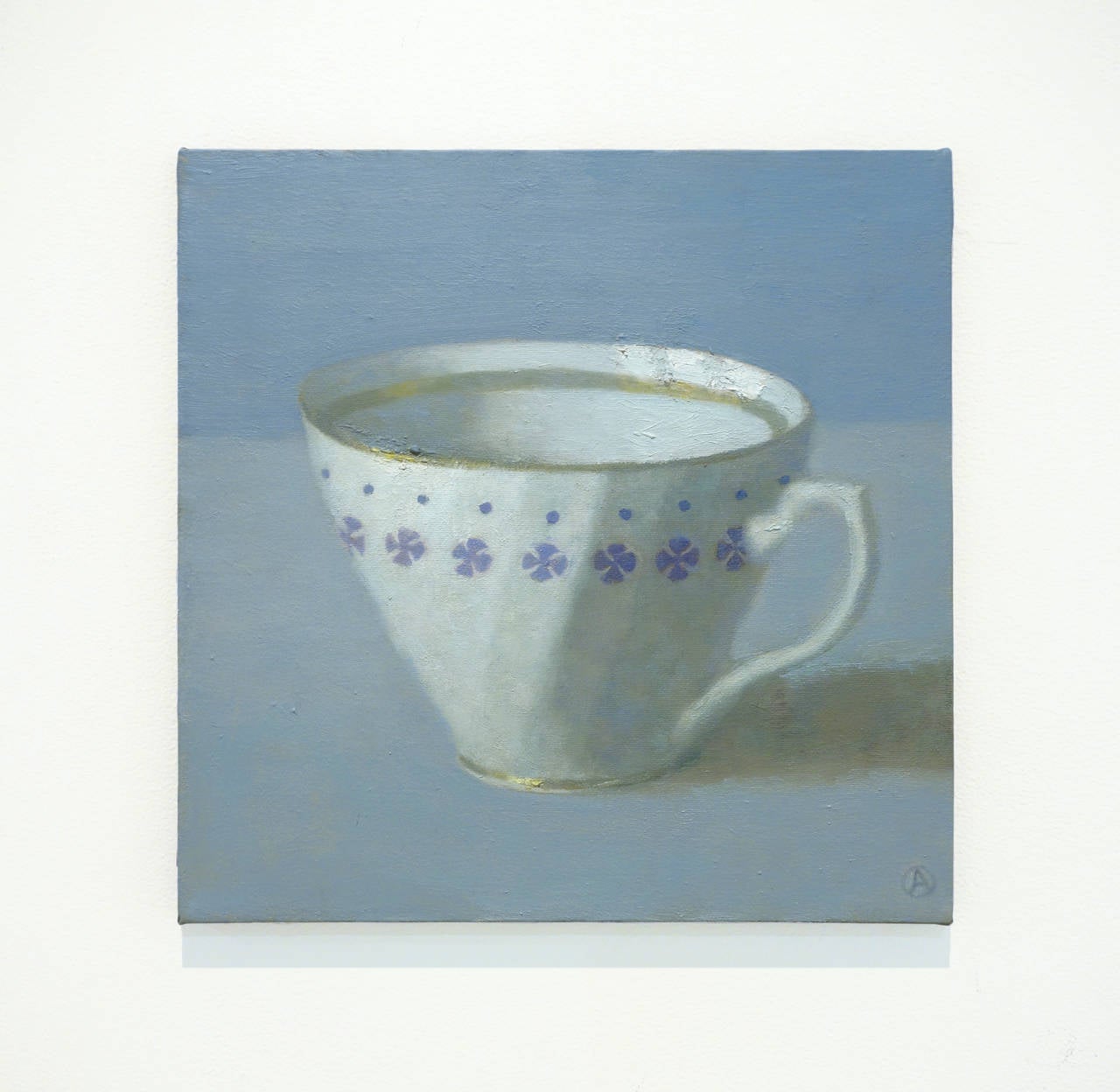 White Cup on Periwinkle, still life, white tea cup, white, gold, purple - Painting by Olga Antonova