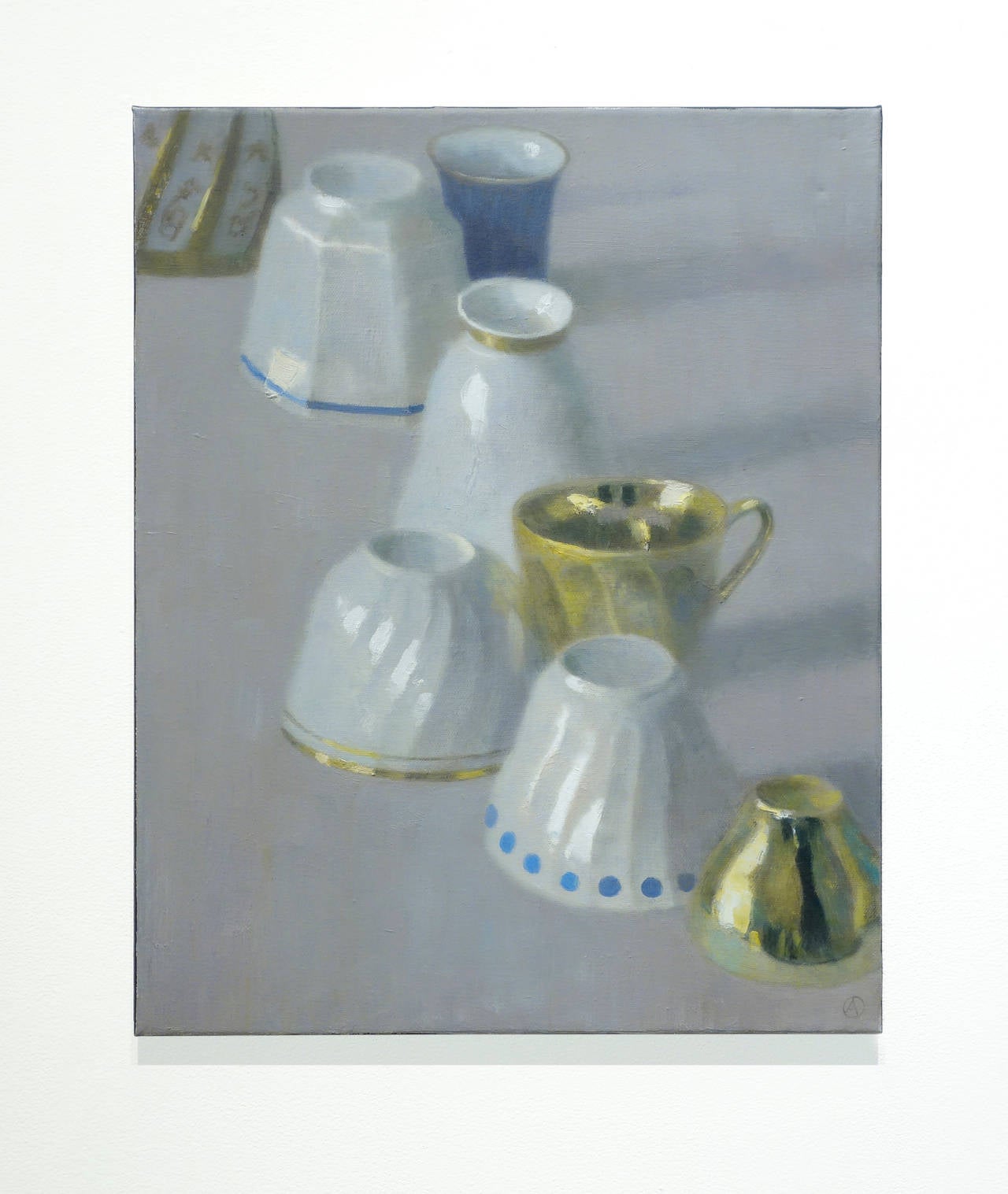 UPSIDE DOWN, still life of cups on table, upright and upside down, porcelain - Painting by Olga Antonova
