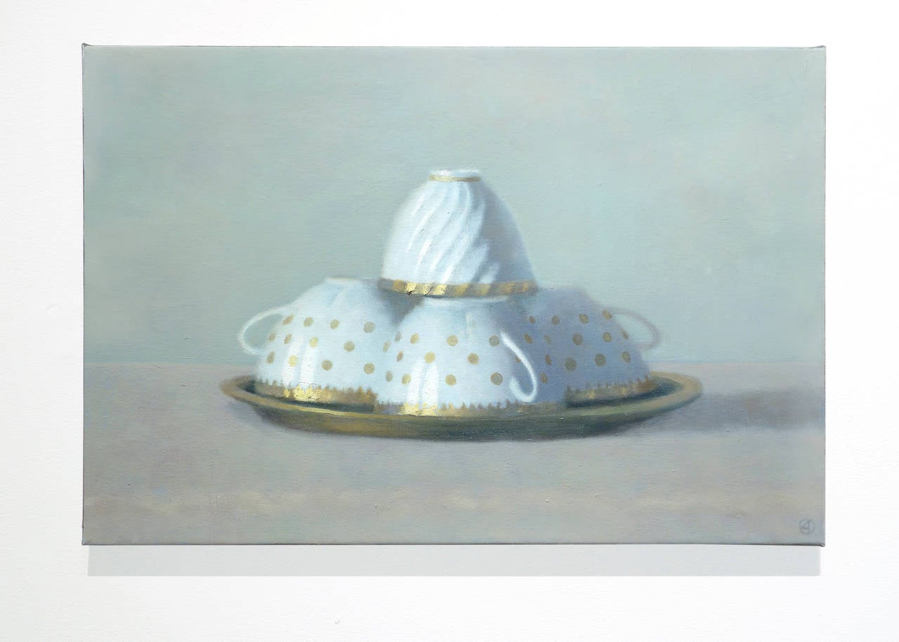 FOUR WHITE AND GOLD TEACUPS, cups stacked on gold plate, still-life, porcelain - Painting by Olga Antonova