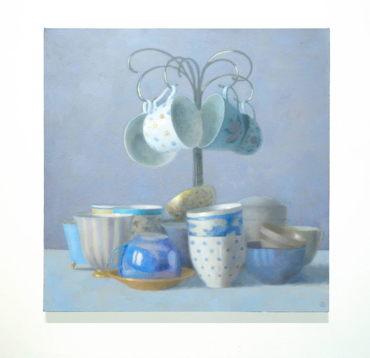 OUR TEACUPS HANGING, tasses suspendues au-dessus d'autres tasses sur table, table encombrante - Painting de Olga Antonova