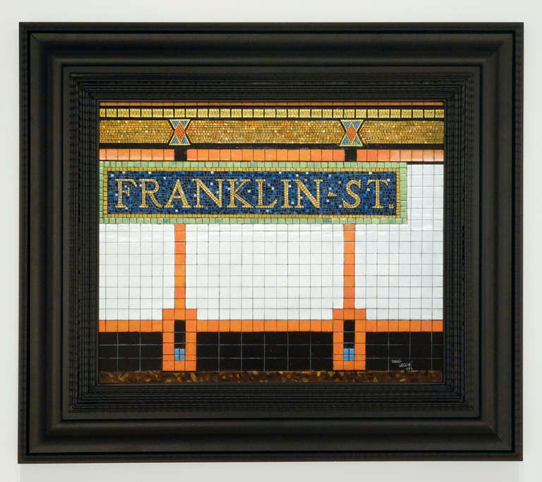 FRANKLIN STREET, subway signs, photo-realist, nyc subway, orange, train station - Painting by Daniel Greene