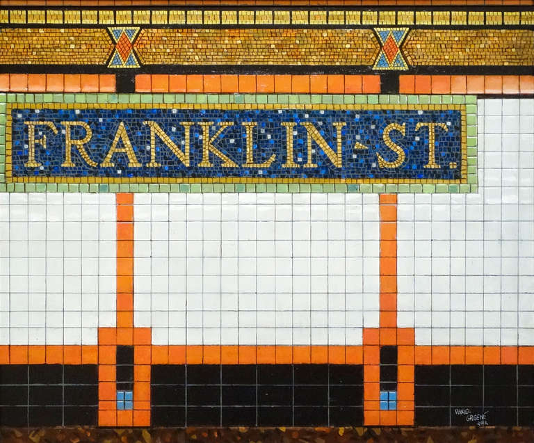 Daniel Greene Landscape Painting - FRANKLIN STREET, subway signs, photo-realist, nyc subway, orange, train station