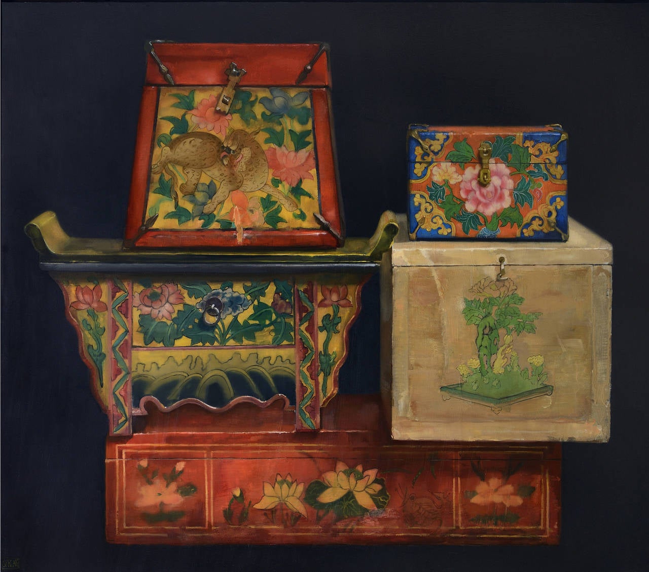 Sharon Sprung Still-Life Painting - The Curious Chinese Boxes