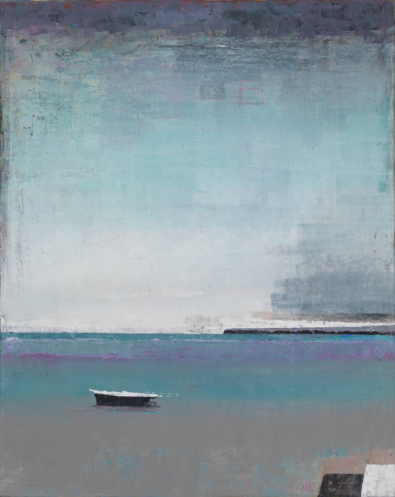 John Evans Landscape Painting - COINCIDENCE, waterscape with boat, contemporary painting