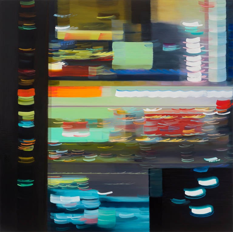 Alexandra Pacula Abstract Painting - HASTY IMPRESSIONS, sharp colors, blurry lights, neon lights, shades of green