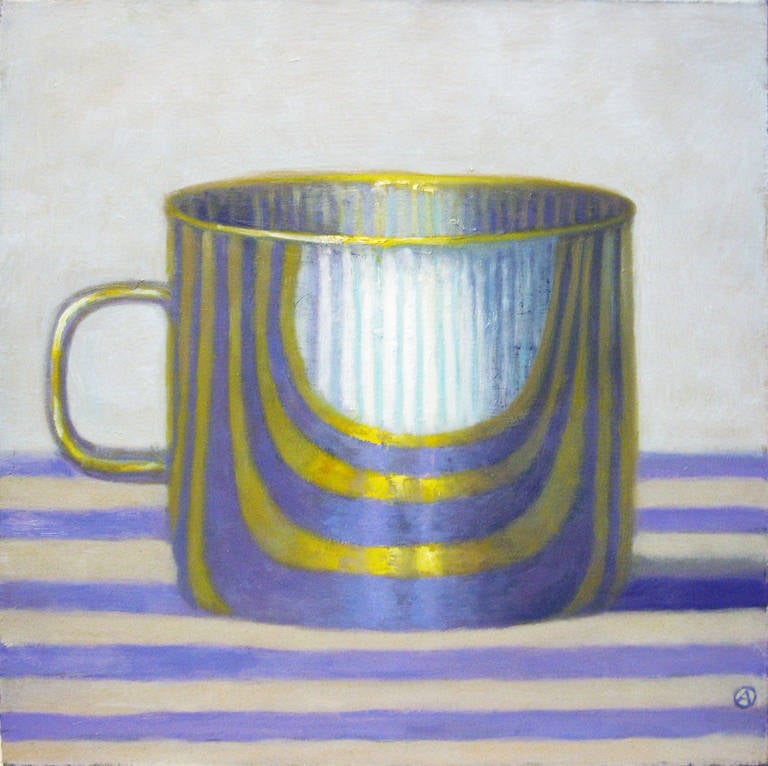 Olga Antonova Still-Life Painting - GOLD CUP ON PURPLE STRIPES, hyper-realist, still life, reflection in cup, purple