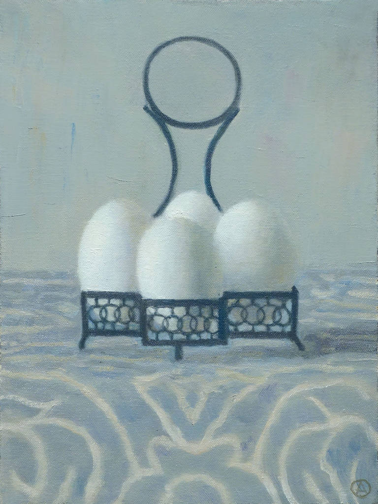 Olga Antonova Still-Life Painting - EGG HOLDER - Realistic Still Life of White Eggs With Blue Fabric