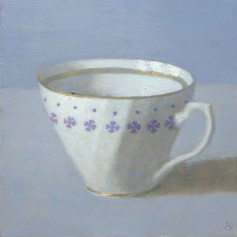 Olga Antonova Still-Life Painting - White Cup on Periwinkle, still life, white tea cup, white, gold, purple